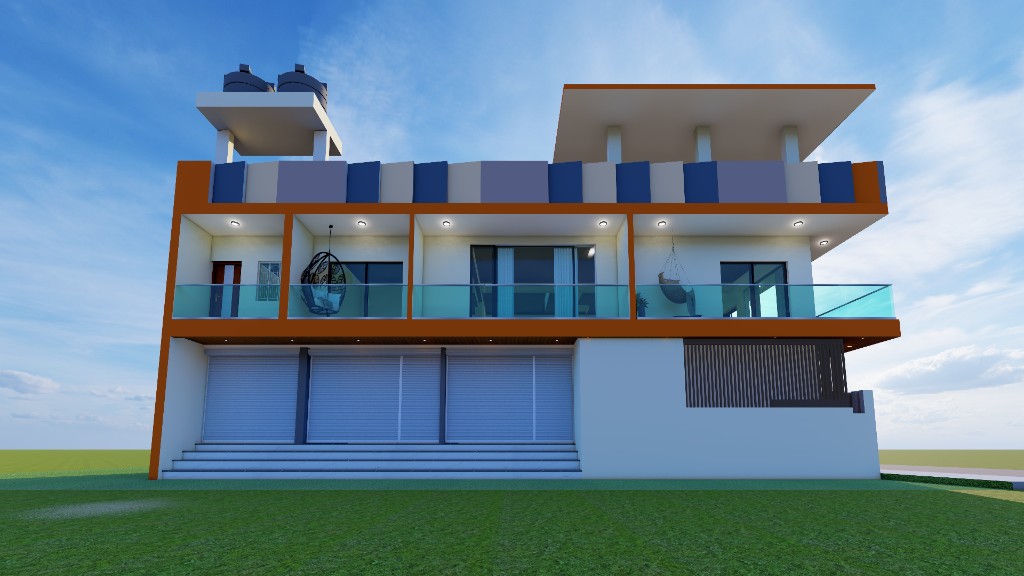 3D render of a mixed-use building with commercial shutters and residential balcony