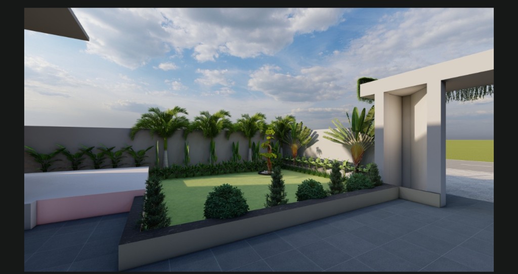 3D architectural visualization of a contemporary courtyard garden with lawn and palm trees