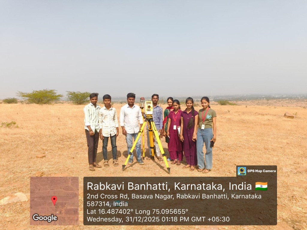 Survey team with total station conducting field survey in Rabkavi Banhatti, Karnataka