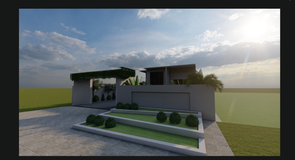 3D render of modern residential entrance with landscaped planters and tropical planting
