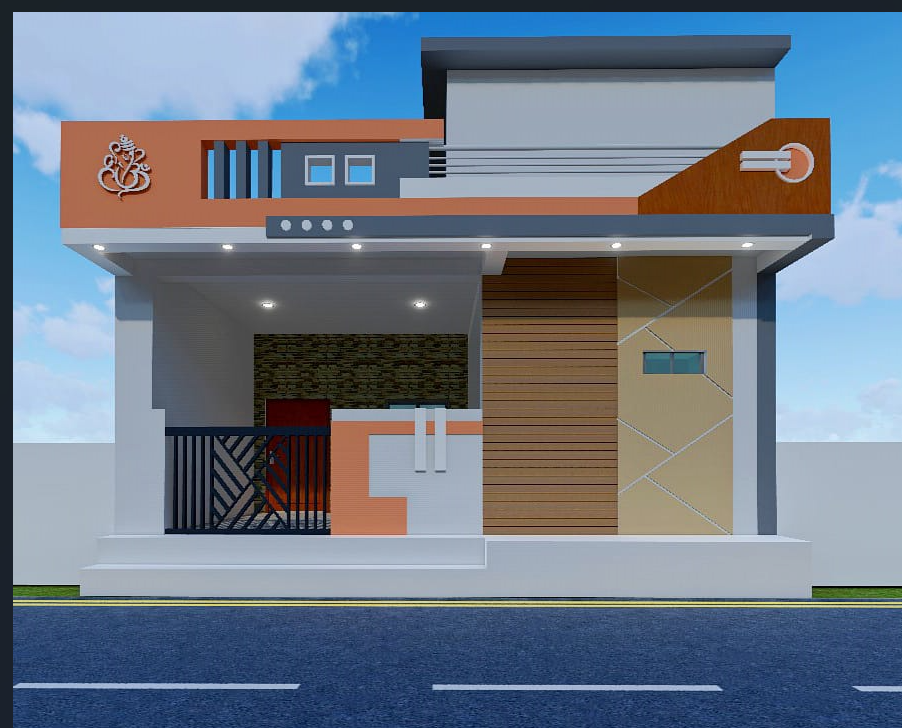 3D render of a modern single-storey residential facade with contemporary materials and detailing