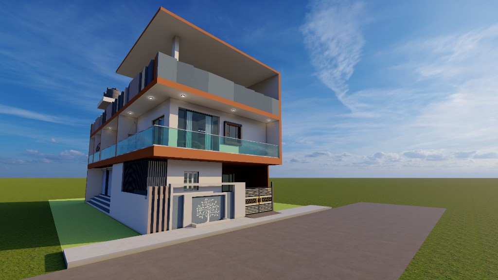 3D render of a modern multi-storey residence with balcony and terrace