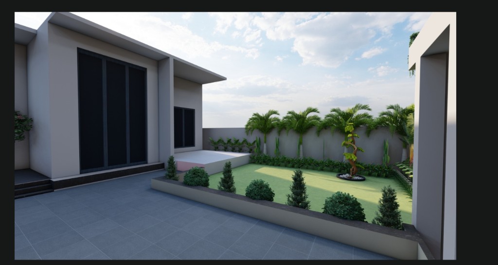 3D render of modern home courtyard with patio, lawn and manicured garden planting