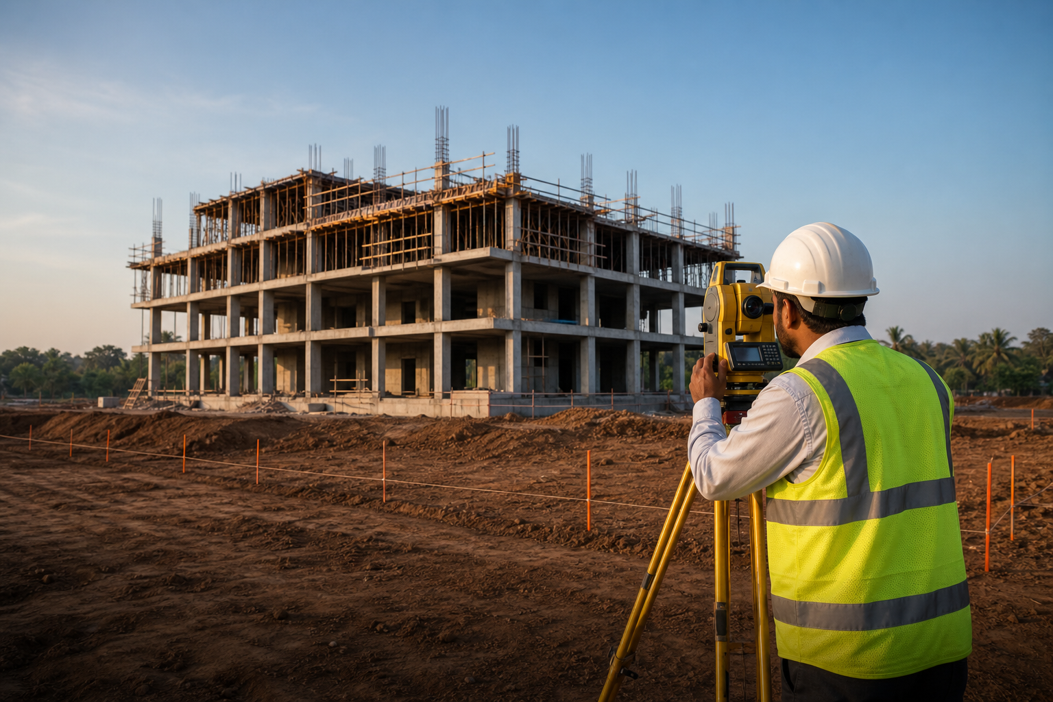 Professional land surveyor using a total station at a construction site in Karnataka