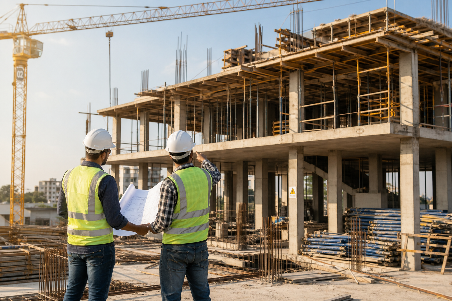 Two construction workers in safety vests reviewing a drawing on a residential framing site
