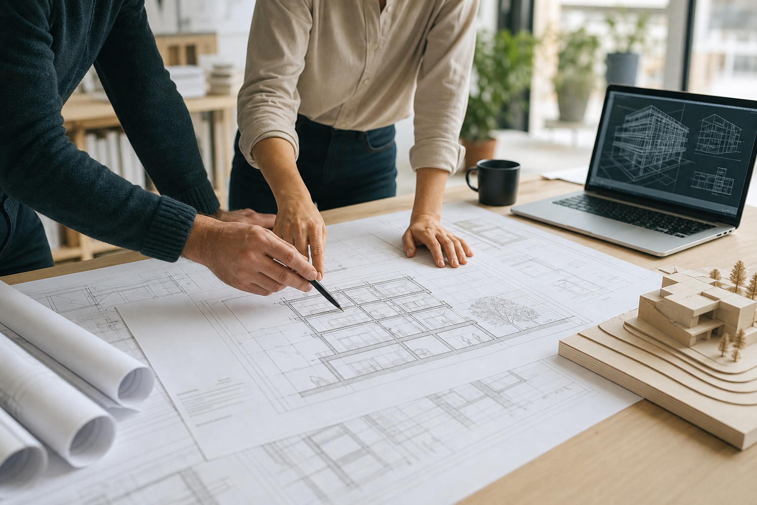 Architects reviewing detailed building drawings on a studio table