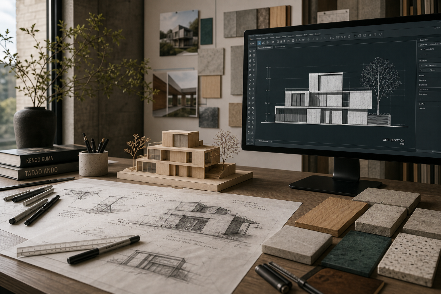 Architecture studio desk with concept sketches, CAD elevation, and a basswood massing model