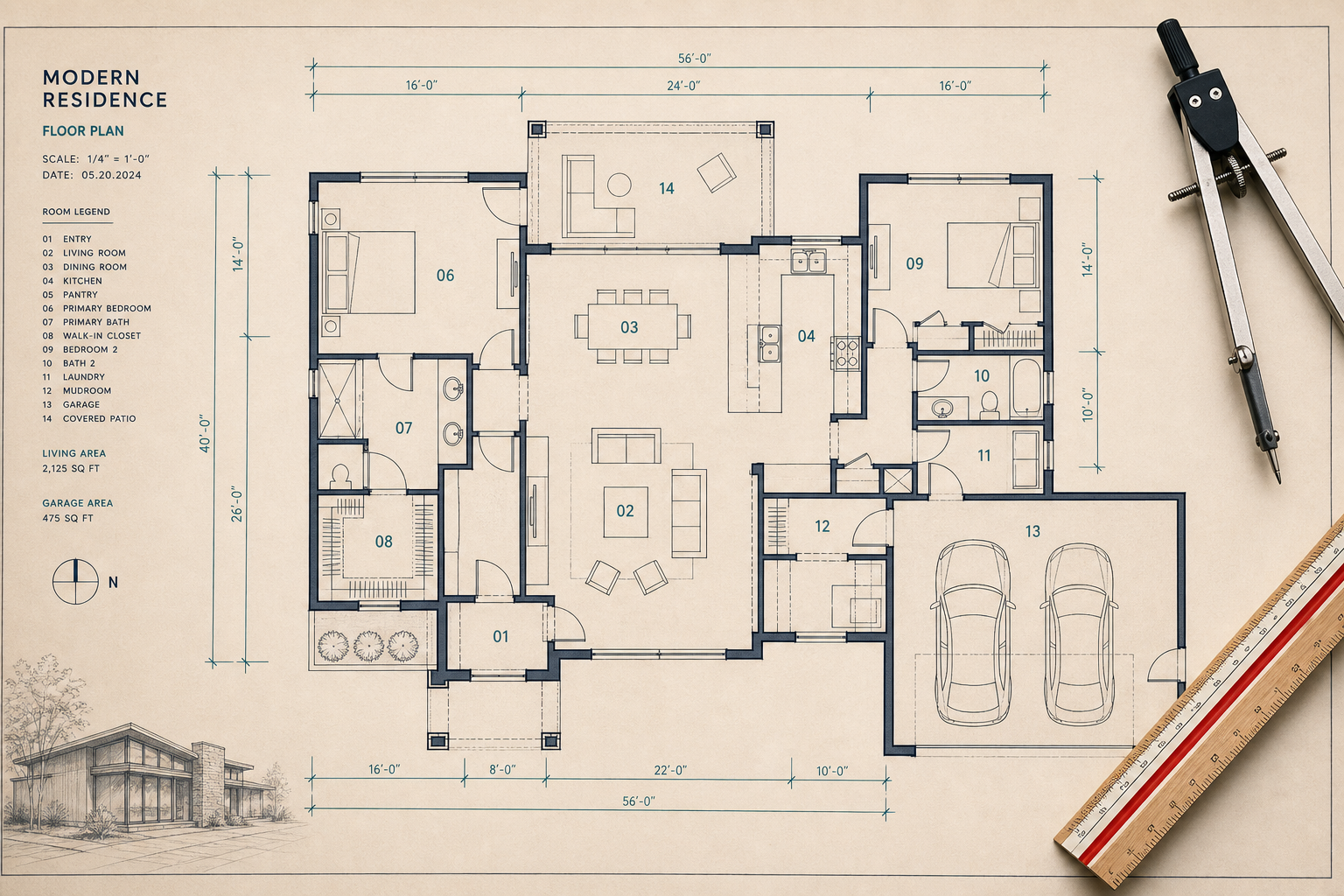 Detailed architectural floor plan drawing of a modern residence