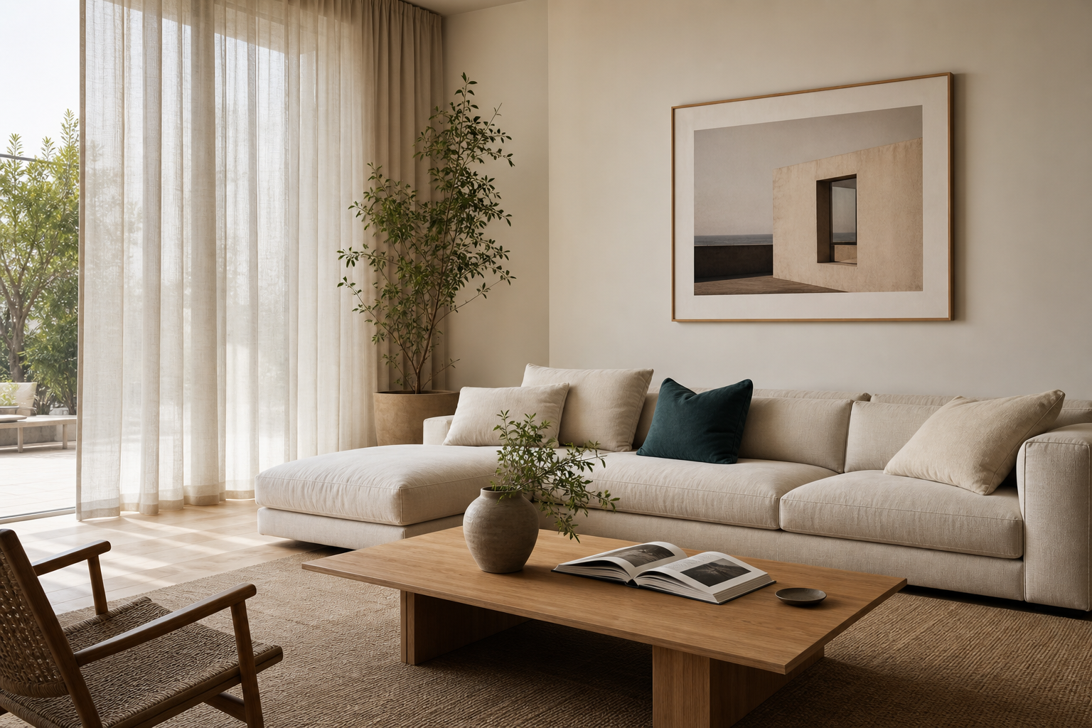 Modern living room interior with linen sofa, oak coffee table, and soft daylight