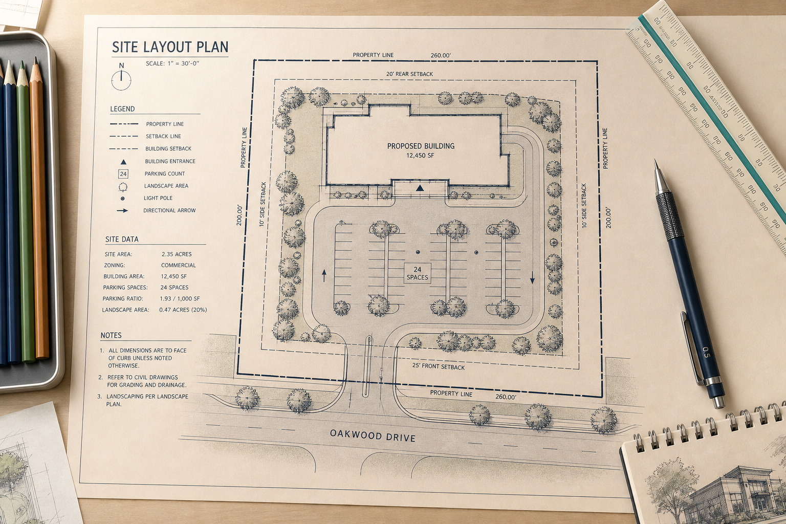 Top-down site layout plan with plot boundaries, setbacks, and building footprint