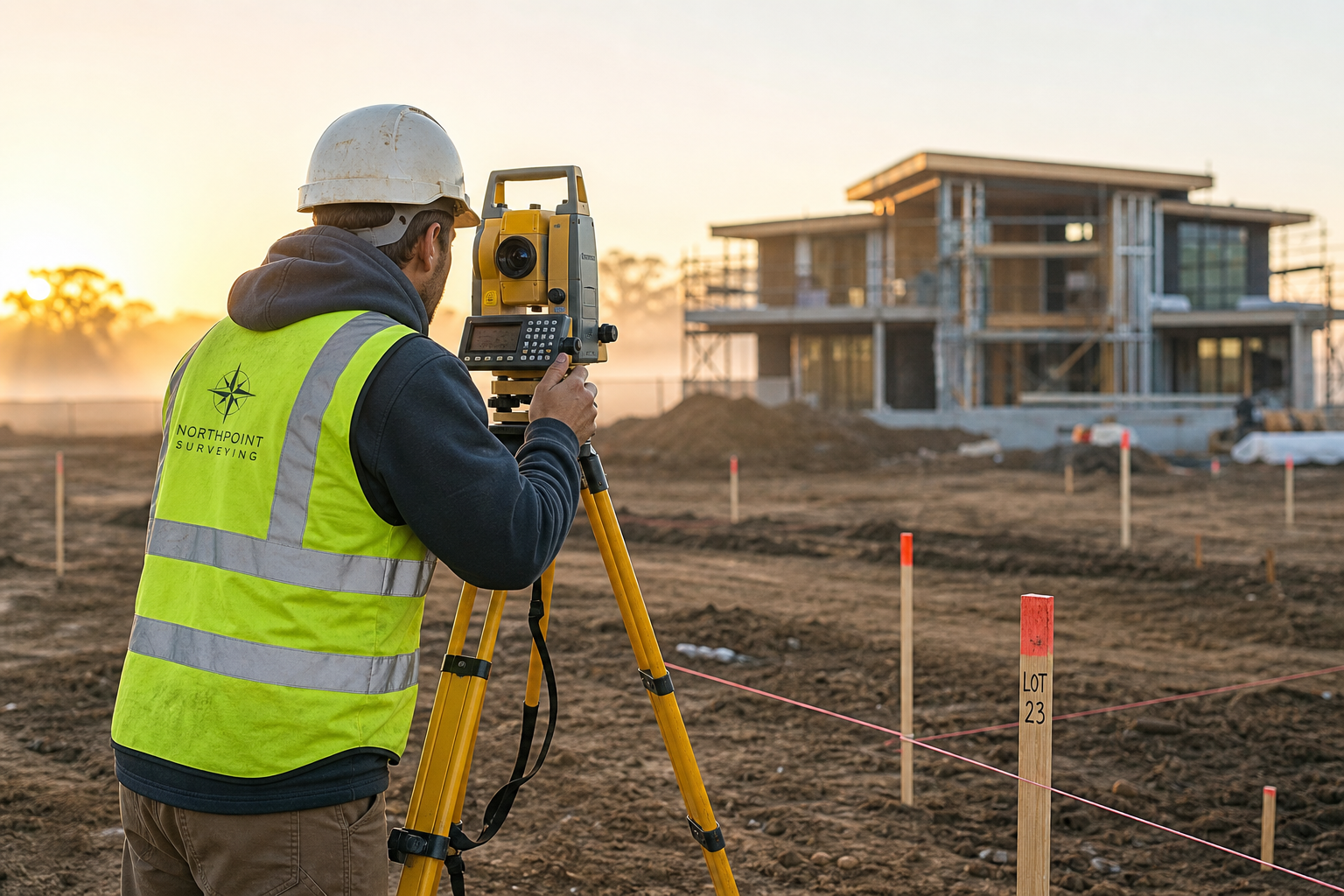 Surveyor operating a theodolite total station on a leveled site at sunrise