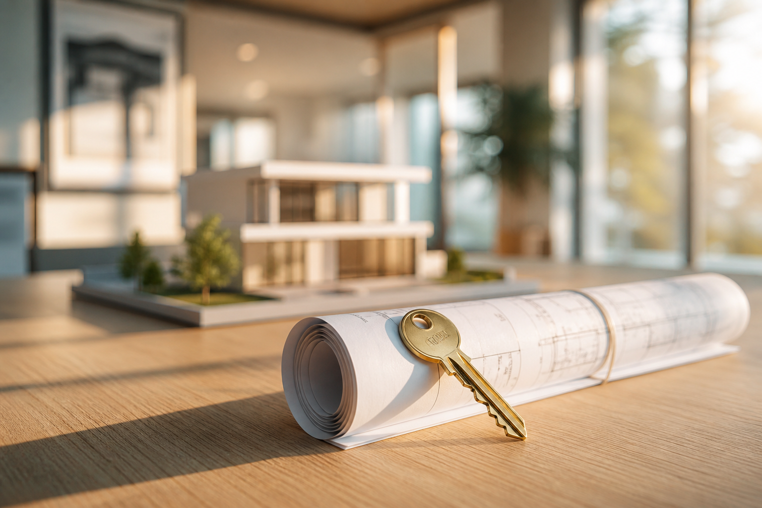 Brass key resting on rolled blueprints with a small architectural model